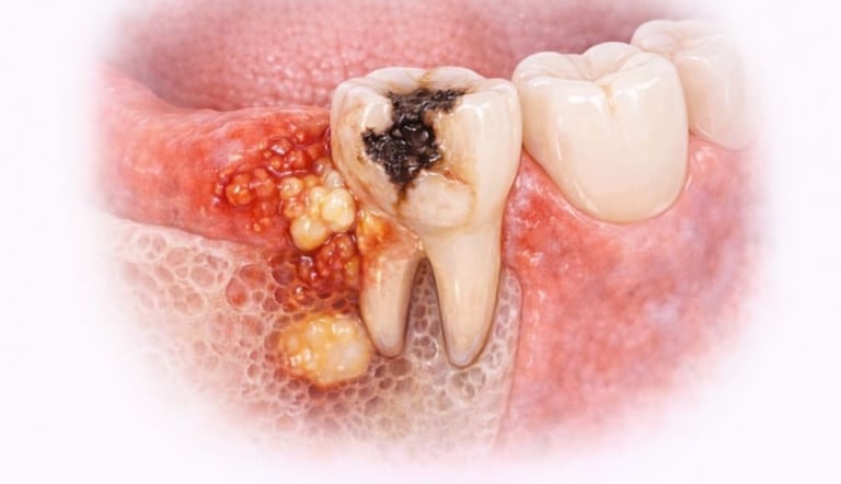 illustration showing how carious tooth causes surrounding bone infection pain and pus discharge