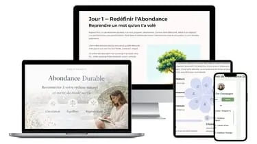Aperçu multi-écrans Abondance Durable™ : programme IA et réflexion systémique pour une économie personnelle régénératrice.
