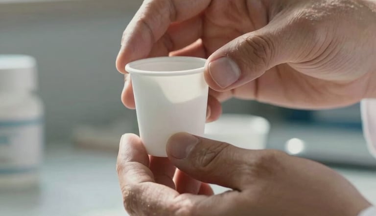 Extreme close-up of a man's hand holding a small white paper medication cup, a second hand steady beneath it on a clinical intake desk, natural north-facing window light casting cool shadows, institutional surface visible at bottom edge, no faces