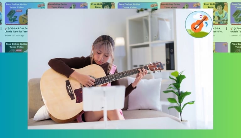 A young woman playing an acoustic guitar while watching a free online guitar tuner video on a tablet.