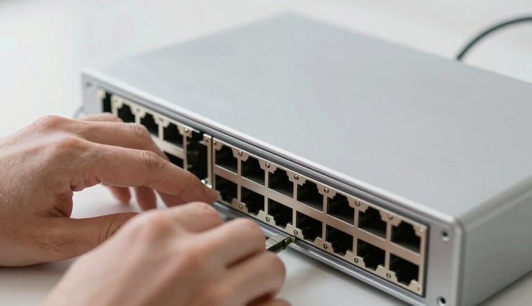 Close-up of hands working on high-end network switch, soft daylight, silver and slate tones, shallow depth of field