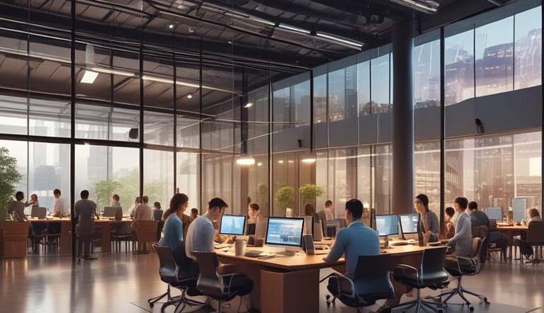 A mentor guiding a small group of diverse entrepreneurs in a cozy, stylish workspace.