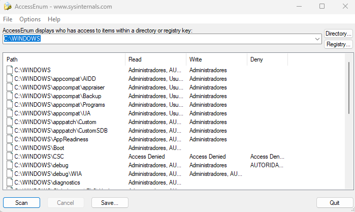 Utilitário AccessEnum da suíte Sysinternals da Microsoft, monitorando permissõe de arquivos e pastas