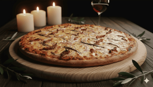 Pizza gourmet de masa delgada sobre una tabla de madera con velas y vino tinto para una cena