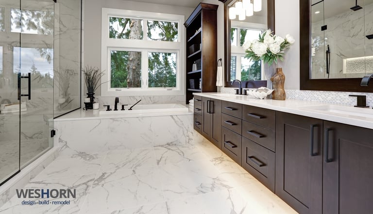 Luxury bathroom renovation with frameless glass shower and heated tile floors in Lake Forest IL.