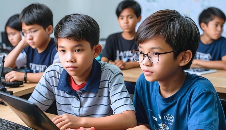 two young boys working together on their AI storytelling project for one of the kids workshops.