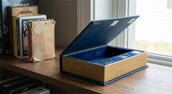 Rigid magnetic game box standing on a shelf next to a flimsy tuck box.