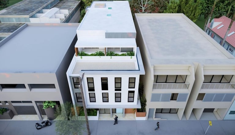 a building with a lot of windows and a motorcycle parked in front of it