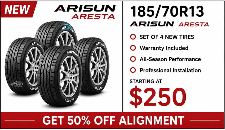 185/70R13 Arisun Aresta new tire set available at Fast Tire Shop in Los Angeles. Set of 4 new tires