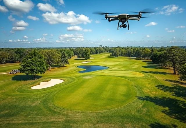 a drone flying over a golf course