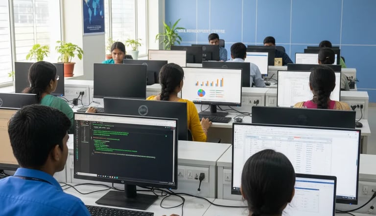 Instructor explaining machine learning performance metrics to students in a modern lab