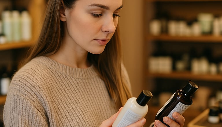 Femme choisissant des cosmétiques en  boutique , et vérifiant les labels vegan et cruetly free