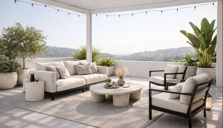 Terrasse ombragée avec pergola bioclimatique à lames orientables, salon outdoor, tapis extérieur, la