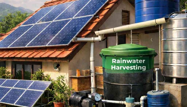 Solar energy and rainwater conservation system for home