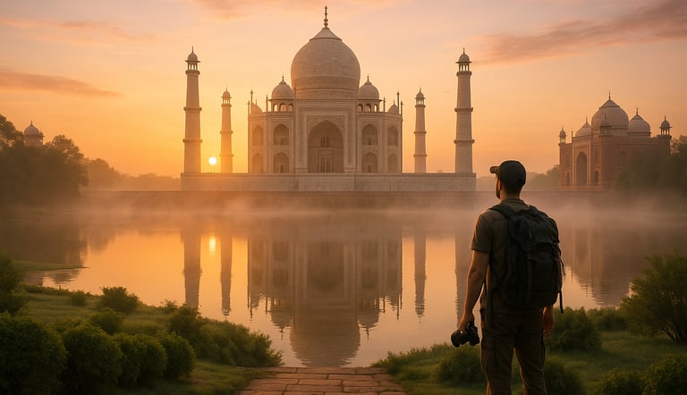 Sunrise view of the Taj Mahal with a solo traveler admiring the monument, mist rising from the river, and warm golden-pink li