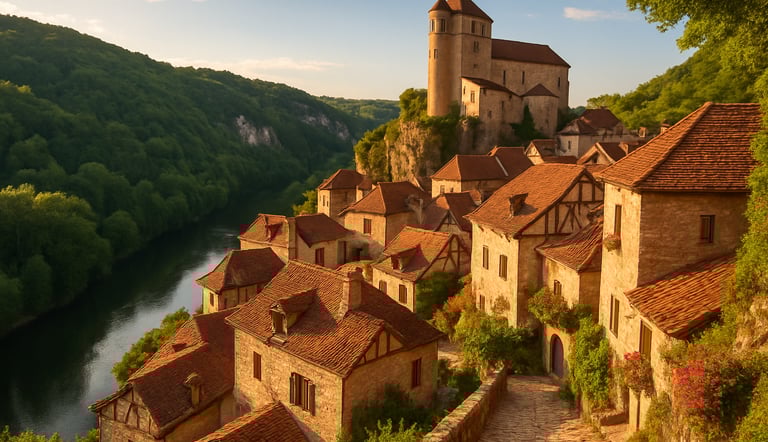 Saint-Cirq-Lapopie village in southern France, set on a cliff above the Lot River with medieval stone houses and scenic valle