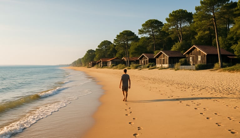 A quiet beach in Cap Ferret, France, with golden sand, calm waves, and pine trees in the distance—perfect for a peaceful, unc