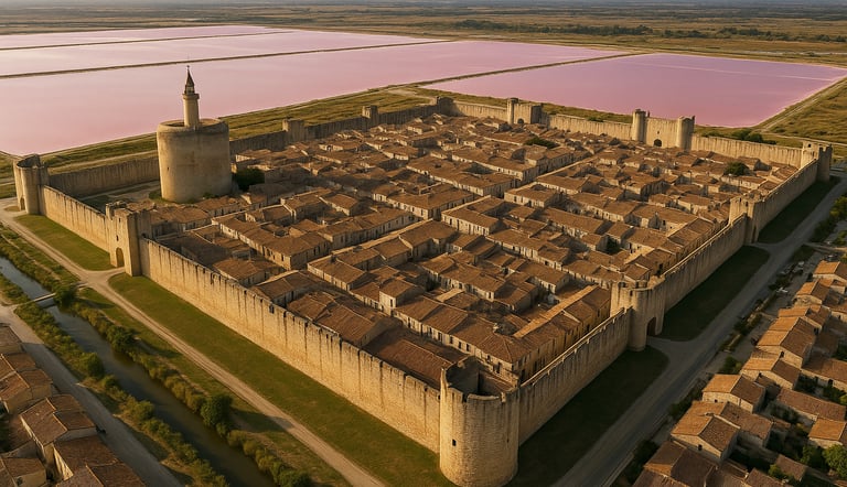 Aerial view of Aigues-Mortes, France, showing the perfectly preserved medieval walls and nearby pink salt flats under a warm 