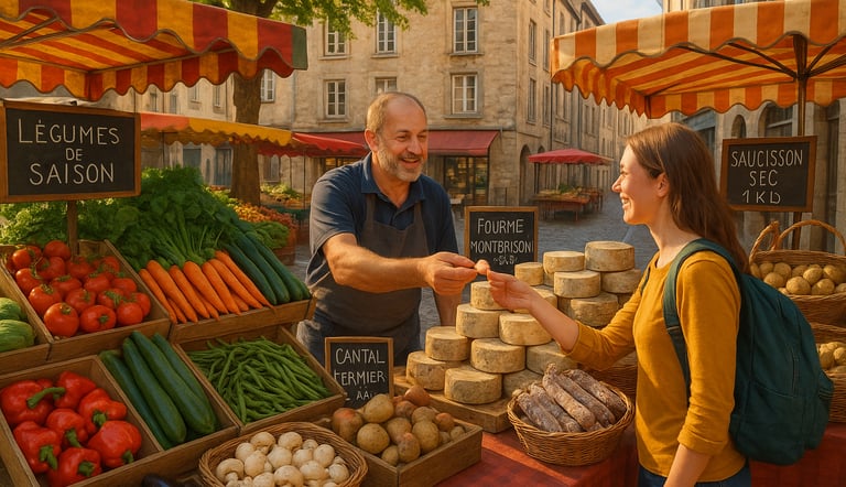 Local French market in Montbrison with stalls full of cheese, produce, and charcuterie, set along a cobblestone street with a