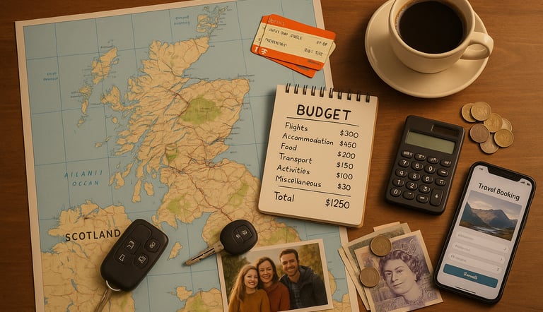 Flat lay of travel planning items including a map of Scotland, budget notepad, calculator, car keys, train tickets, coins, an