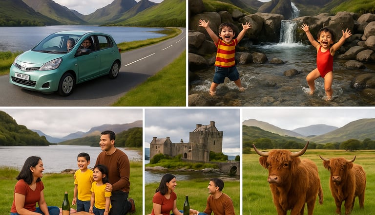 Collage of a family road trip through the Scottish Highlands featuring a car by a loch, kids at the Fairy Pools, a castle vis