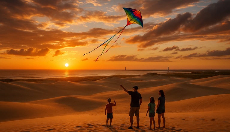 Family flying a kite on the tall sand dunes of the Outer Banks at sunset with ocean views and lighthouse in the distance.