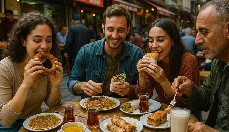 Four people enjoying traditional Turkish street food at an outdoor table in Istanbul, featuring dishes like simit, lahmacun, 