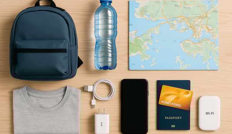 Flat lay of essential items for budget travel in Hong Kong, including a backpack, folded t-shirt, water bottle, Hong Kong map