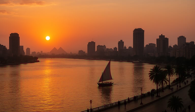 Sunset over Cairo skyline with felucca on the Nile River — perfect visual for a budget travel guide to Cairo, Egypt.