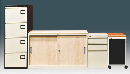 Collection of beige metal office furniture including a tall four-drawer filing cabinet and a sliding door storage unit.