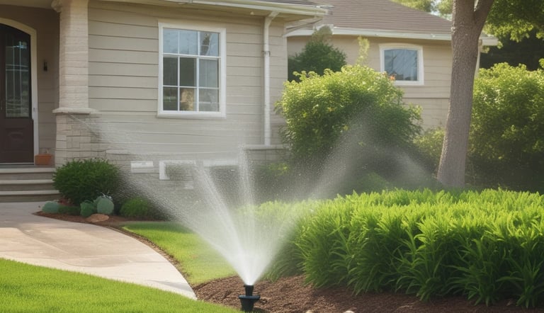a sprinkler sprinkles lawn in front of a house