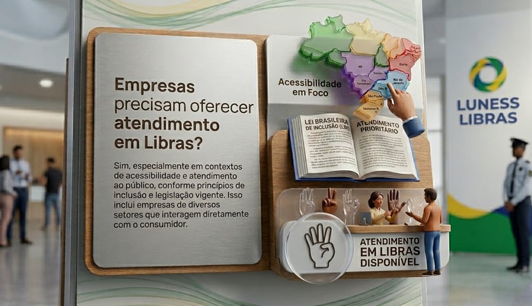 Painel explicativo 3D com o mapa do Brasil e abaixo um livro mostrando LBI e atendimento prioritário