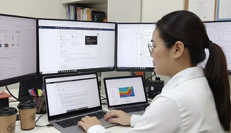 seo expert in front of computer monitors and laptops working