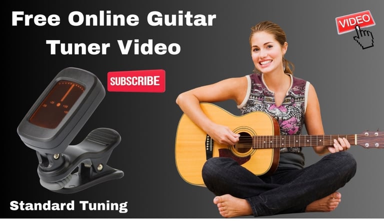 A woman playing an acoustic guitar next to a clip-on digital guitar tuner for free online tuning video.
