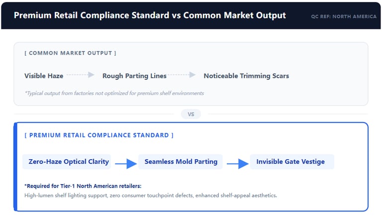 Premium retail compliance standard vs common market output for clear PET storage bins
