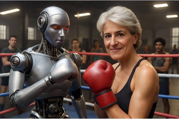 Woman in boxing ring faces metallic AI robot, both in boxing stance, sharing wry standoff.