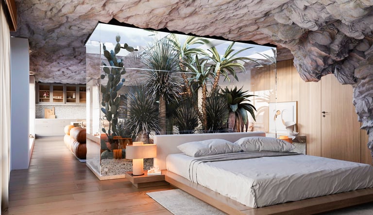 a bedroom with a bed and a bed in the middle of the room