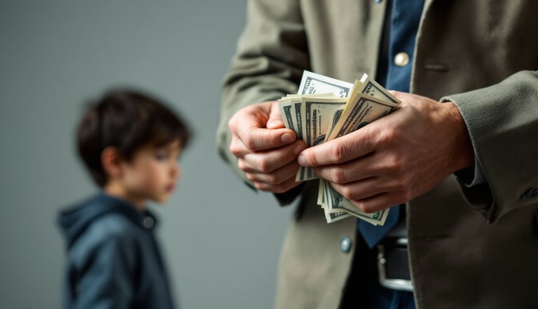 imagem ilustra um adulto escondendo  a realidade dos filhos por causa das dívidas com jogos de azar.