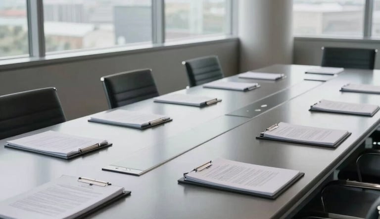 Wide environmental shot of an empty boardroom conference table, slightly elevated angle implying oversight, even studio daylight through floor-to-ceiling windows, legal briefing folders closed at the far end of the table, no people present, steel-grey interior palette