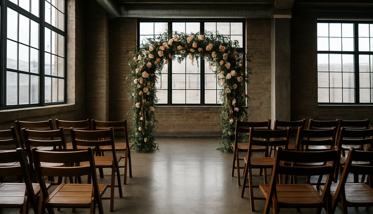 Close-up environmental photograph of a wedding ceremony aisle inside a Chicago loft venue — an arch of garden roses and hanging amaranthus frames the far end, shot from behind empty wooden chairs, existing afternoon daylight through warehouse windows, cool-toned and structurally precise, no guests present