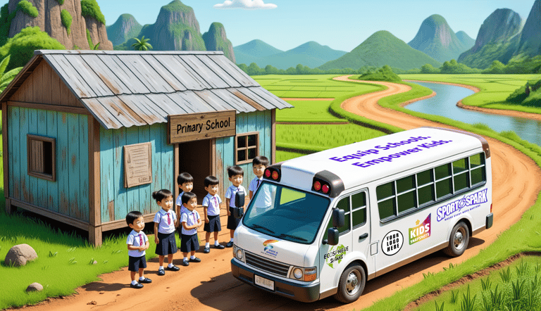Concept illustration of van in front a school and kids