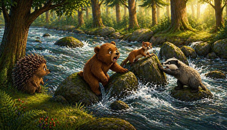 Forest animals including a bear, badger, and hedgehog crossing a rushing river on stepping stones.