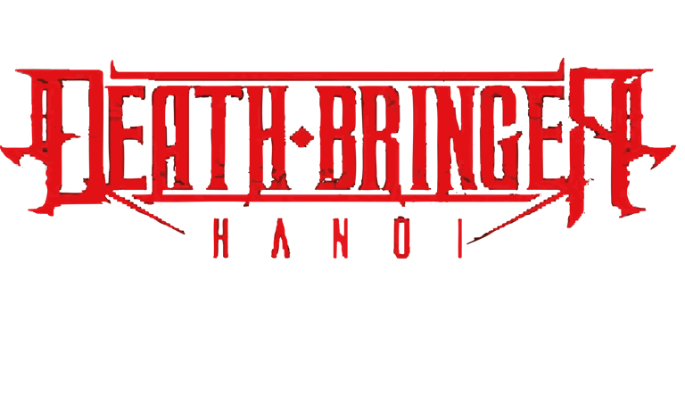 Ilustración tipográfica "Death‑Bringer Hanoi" en rojo sobre fondo negro y tela roja, con manos engua