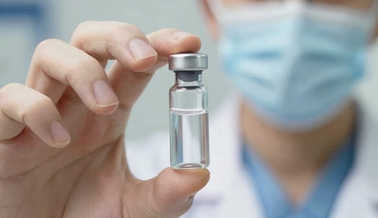 Close-up of a professional holding a vial of Nabota botulinum toxin in a clinical setting.