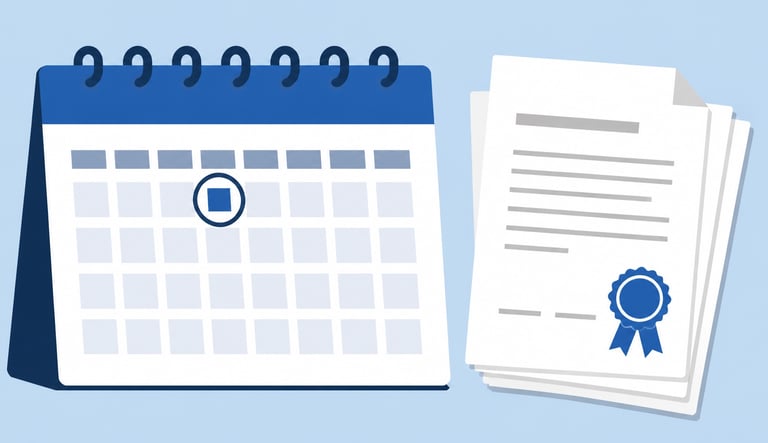Flat-style vector illustration of a calendar highlighting October 1st next to a stack of mandatory h