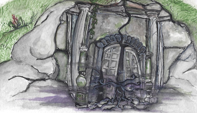 illustration of an ajar stone door with tendrils of black Miasma escaping from it