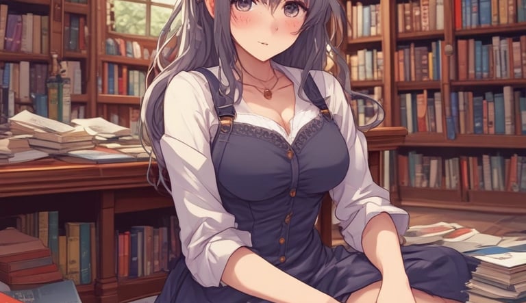 A cozy reading nook with stacks of adult manga and soft lighting.