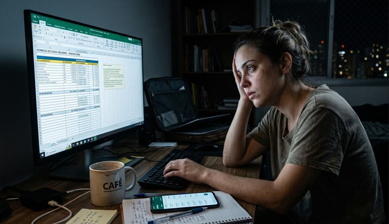 Autônomo cansado trabalhando até tarde da noite conferindo planilhas e extratos bancários no celular.