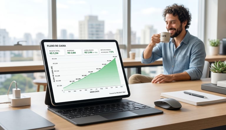 MEI 2026,  Dashboard claro e organizado do F.R.I.D.A.Y. Start separando contas pessoais e criando um fluxo de caixa simples