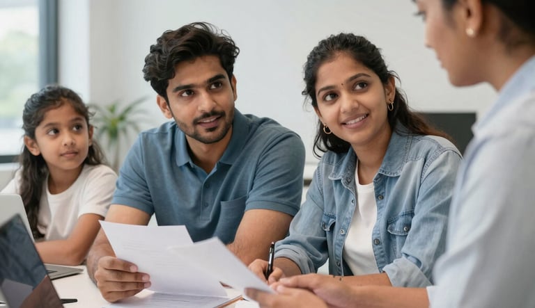 A Indian family discusses study abroad education loan approval with a consultant in a modern office.